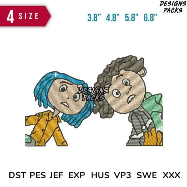 Embroidery design featuring two cartoon characters in 4 sizes, compatible with DST PES JEF formats