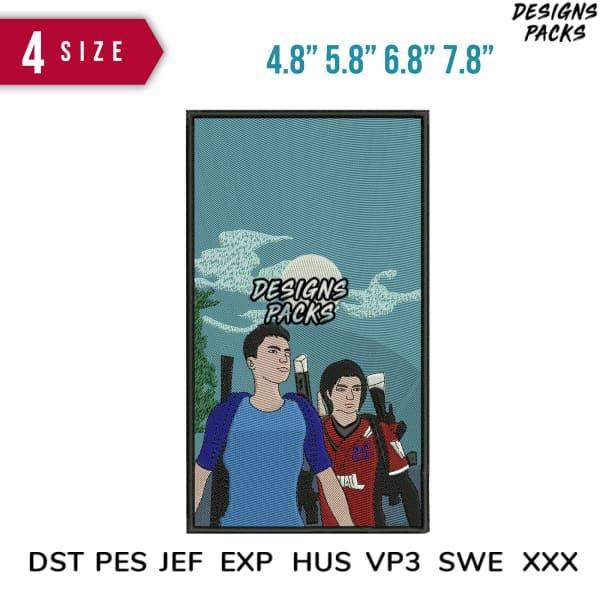 Embroidery design featuring two gamers with controllers, available in PES, DST, EXP formats, 4 sizes
