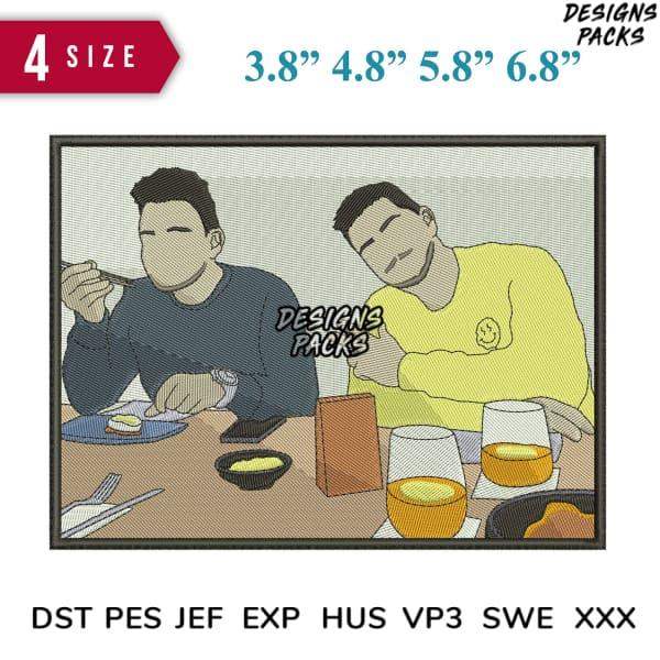 Embroidery design of two men dining, available in 4 sizes & multiple formats for instant download