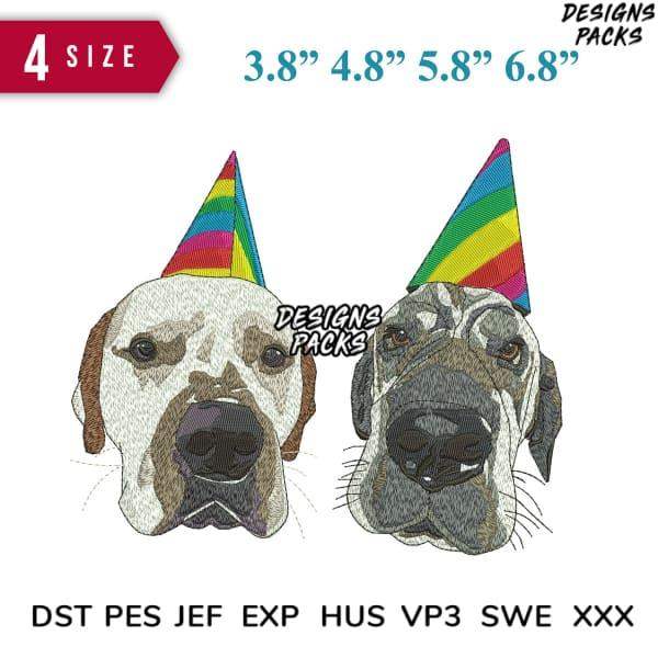 Embroidery design of two dogs wearing rainbow party hats, available in 4 sizes and multiple file formats