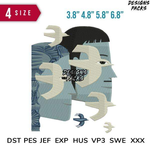 Abstract face embroidery design with birds, 4 sizes, DST PES JEF formats, print-ready for DTG/DTF