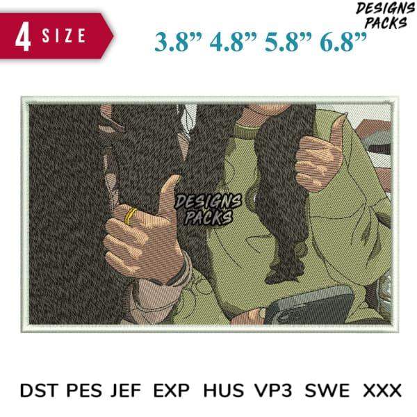 Embroidery design featuring thumbs-up gesture, available in multiple sizes and formats