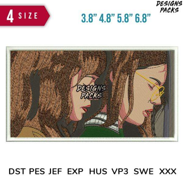 Embroidery design of two women in profile, available in multiple sizes and formats for instant download