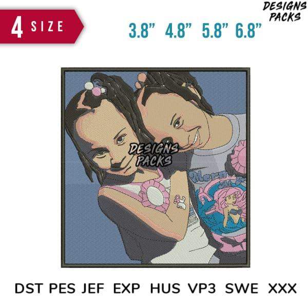 Embroidery design featuring two girls with colorful hair accessories, available in multiple sizes and formats.