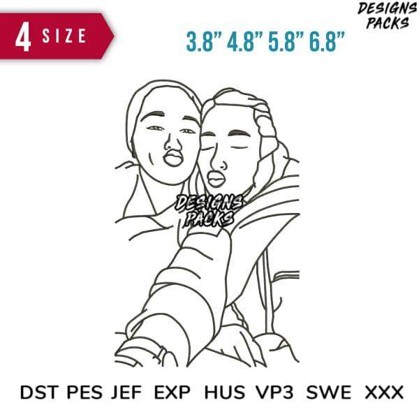 Print-ready embroidery design of two people hugging, available in multiple sizes and formats