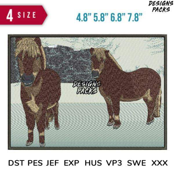 Embroidery design of two brown horses in snow, available in 4 sizes & multiple file formats