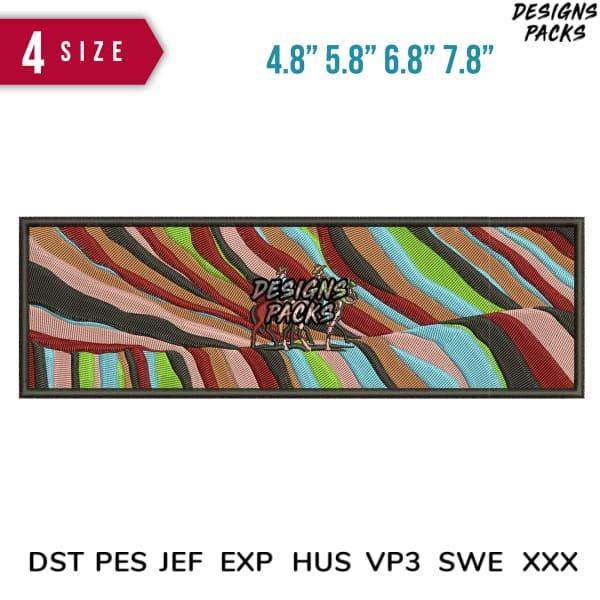 Colorful striped embroidery design with 'Designs Packs' text, available in multiple sizes and formats like PES, DST, JEF.