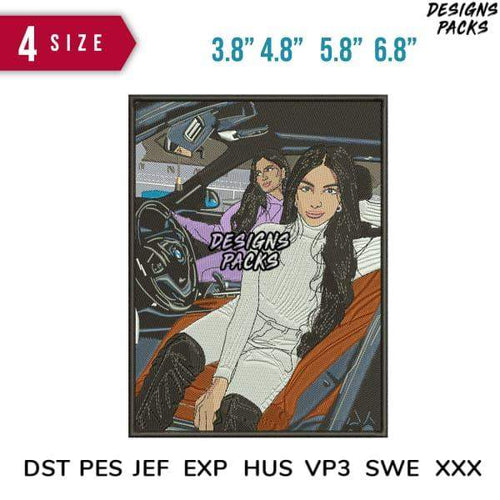 Embroidery design of two women in car, available in DST PES JEF formats, 4 sizes for instant download