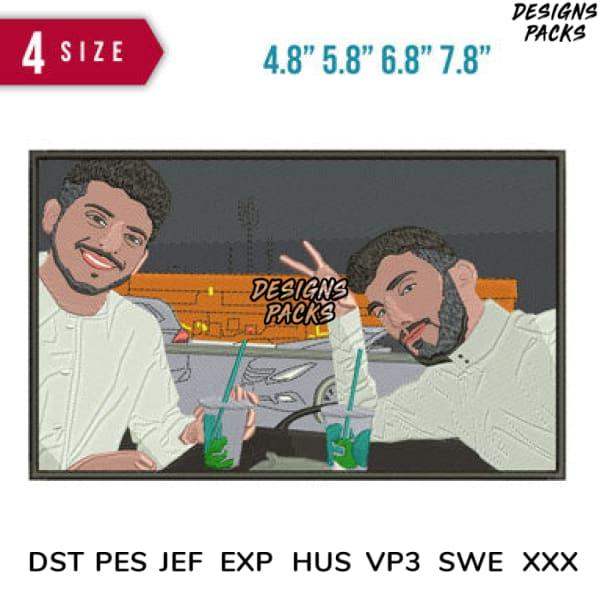 Embroidery design of two men with drinks, available in DST PES JEF formats, 4 sizes for instant download