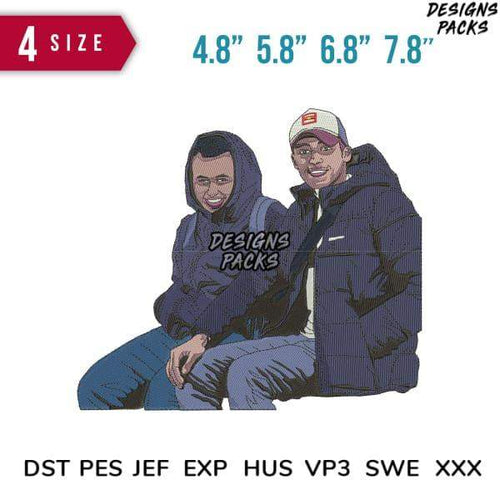 Embroidery design of two smiling people in hoodies, available in 4 sizes and multiple formats