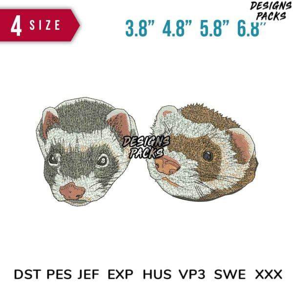 Ferret embroidery designs in 4 sizes, DST PES JEF formats for machine embroidery projects
