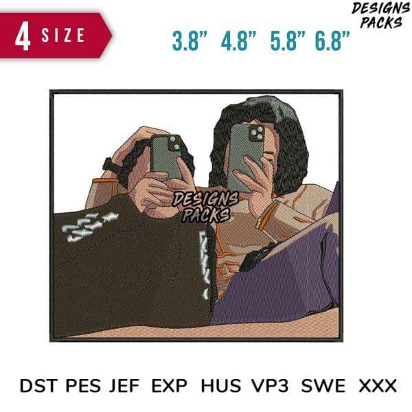Embroidery design of two people taking selfies with phones, available in multiple sizes and file formats