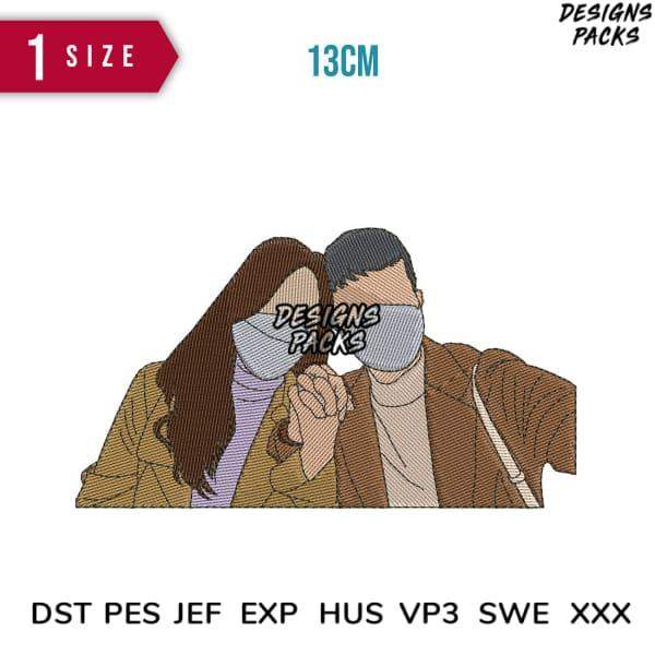 Embroidery design of couple wearing masks, 13cm size, compatible with DST PES JEF formats