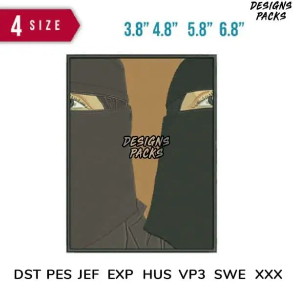 Print-ready embroidery design featuring stylized masked figures, available in 4 sizes & formats like DST, PES, JEF