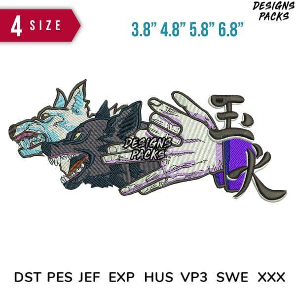 Embroidery design featuring fierce wolf heads and hand with Japanese kanji, available in multiple sizes and formats
