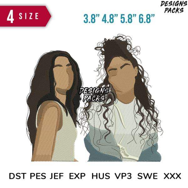 Embroidery design of two women with curly hair, available in 4 sizes & multiple formats like PES, DST, EXP