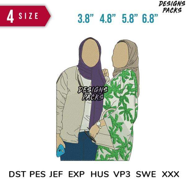 Embroidery design of two women in hijabs, available in 4 sizes & formats like PES, DST for instant download.