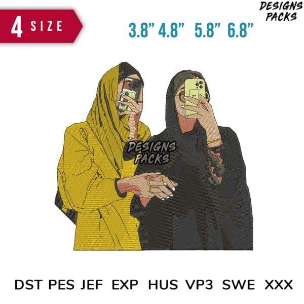 Two women in hijabs taking selfies with phones, available in 4 sizes for embroidery designs
