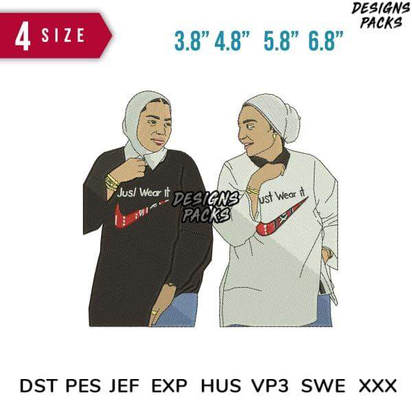 Embroidery design of two women in hijabs wearing 'Just Wear It' shirts, available in 4 sizes & multiple formats