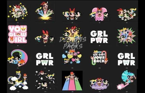 Powerpuff Girls DTF/DTG designs bundle with GRL PWR, You Glow Girl, and print-ready PNG/SVG files