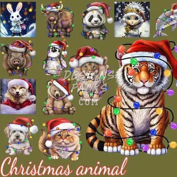 Christmas animal designs with festive lights and Santa hats for DTF DTG embroidery