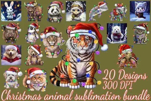 Christmas animal sublimation bundle with 20 300 DPI designs for DTG, DTF, embroidery & tumblers