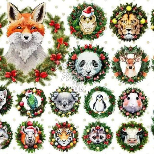 Holiday animal wreaths: fox, owl, lion, panda, deer, koala, penguin, guinea pig, tiger, raccoon, cow — print-ready PNG, SVG, PES