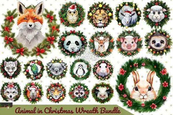 Animal Christmas wreath bundle with fox, owl, lion, panda, deer, pig, koala, penguin, rabbit & more for DTF DTG embroidery