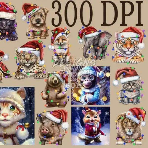 300 DPI Christmas animal designs with Santa hats & lights for DTF, DTG, embroidery, tumbler wraps