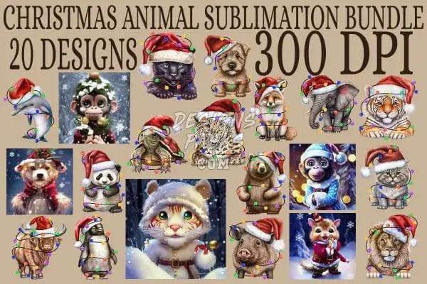 Christmas animal sublimation bundle with 20 festive designs, 300 DPI, perfect for DTG, DTF, embroidery