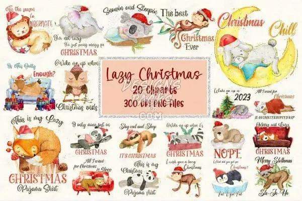 Lazy Christmas 20 Chats 300 DPI PNG files with cute festive animals and holiday quotes