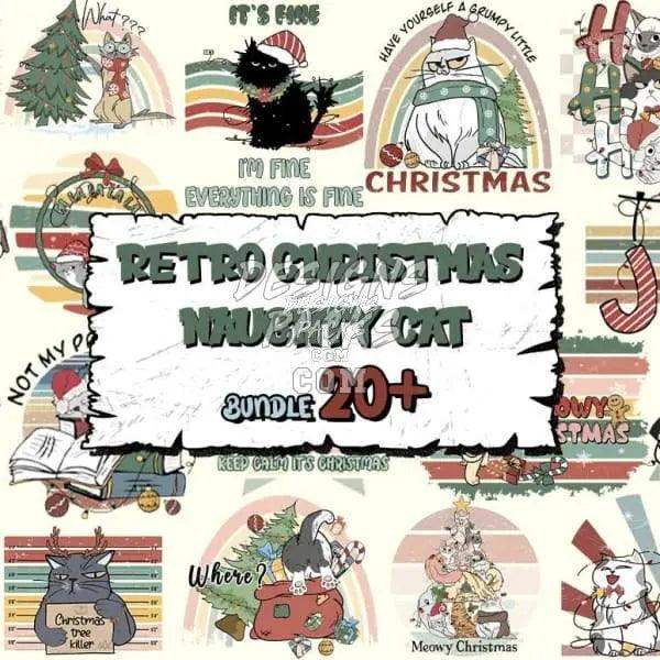 Retro Christmas naughty cat bundle with 20+ print-ready designs for DTF, DTG, embroidery
