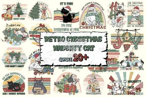 Retro Christmas Naughty Cat Bundle with 20+ print-ready designs for DTF, DTG, embroidery & tumbler wraps