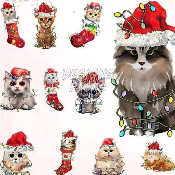 Cute Christmas cats in Santa hats & holiday lights, print-ready PNG designs for DTG, DTF, embroidery