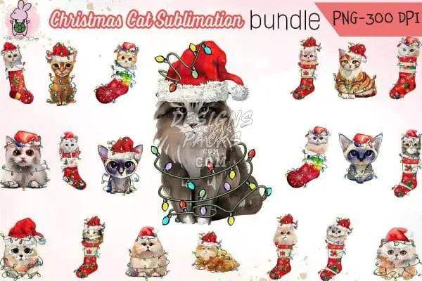 Christmas cat sublimation bundle with festive designs, PNG 300 DPI, perfect for DTG and DTF printing.