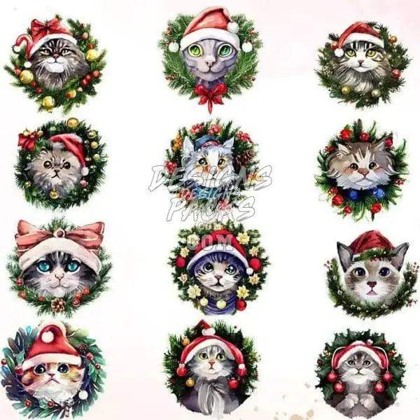 Cute Christmas cat designs in wreaths, perfect for DTF, DTG, embroidery, and tumbler wraps