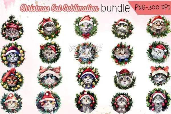 Christmas cat sublimation bundle with festive wreaths, Santa hats, and 300 DPI PNG designs