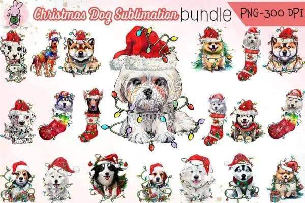 Christmas dog sublimation bundle with festive pups in Santa hats, stockings, and lights, PNG 300 DPI