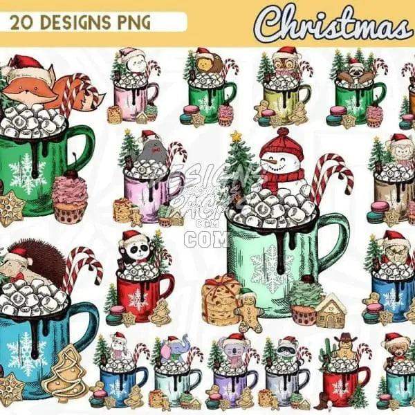 Christmas hot cocoa mugs with festive animals, candy canes, and holiday treats – 20 PNG designs