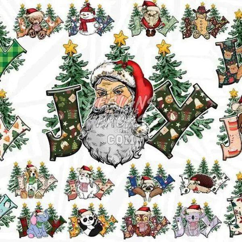 Santa Claus with festive 'JOY' letters, Christmas trees, and holiday animals for DTF/DTG designs