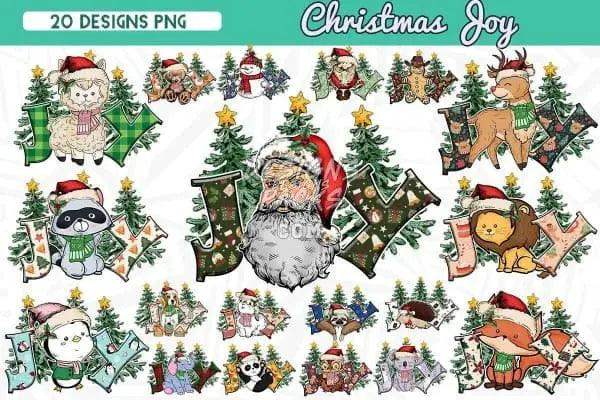 Christmas Joy designs bundle with Santa, reindeer, and festive animals for DTF/DTG and embroidery