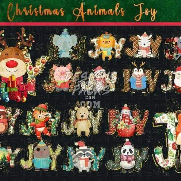 Christmas Animals Joy design bundle with festive animal letters for DTF, DTG, embroidery, and tumbler wraps