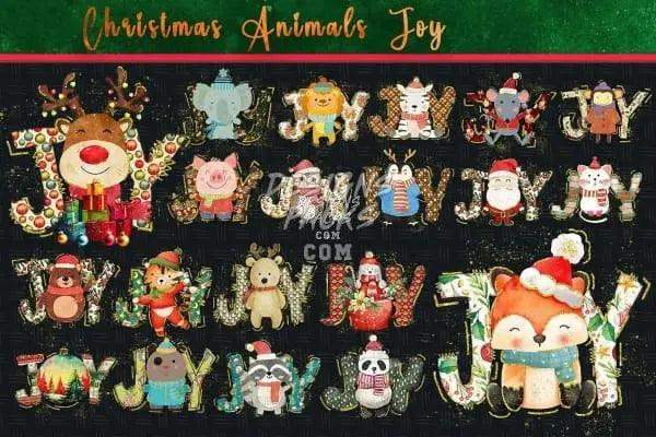 Christmas Animals Joy: Festive DTF/DTG designs with reindeer, fox, panda, and Santa-themed letters for holiday prints.
