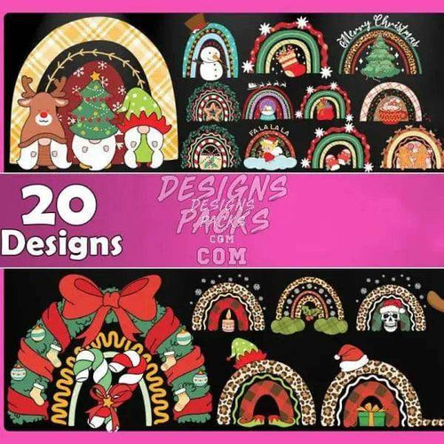 20 Christmas-themed DTF/DTG designs with rainbows, reindeer, and festive patterns for print-ready use