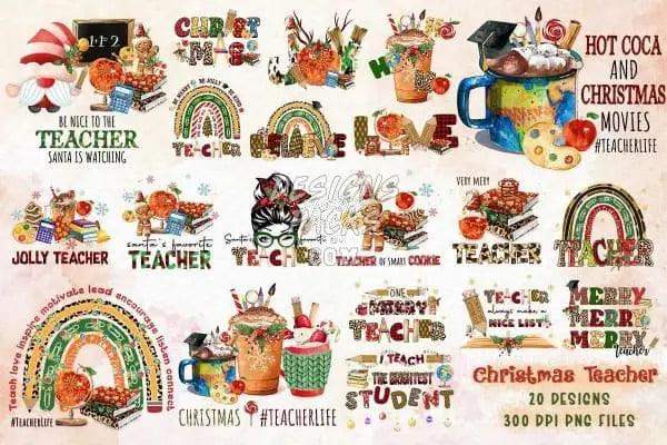 Christmas teacher designs bundle with festive quotes, rainbows, and hot cocoa mugs for DTF/DTG printing