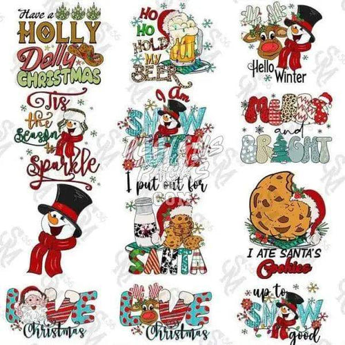 Festive Christmas designs for DTF/DTG, embroidery & tumbler wraps — snowmen, Santa, cookies, holiday text
