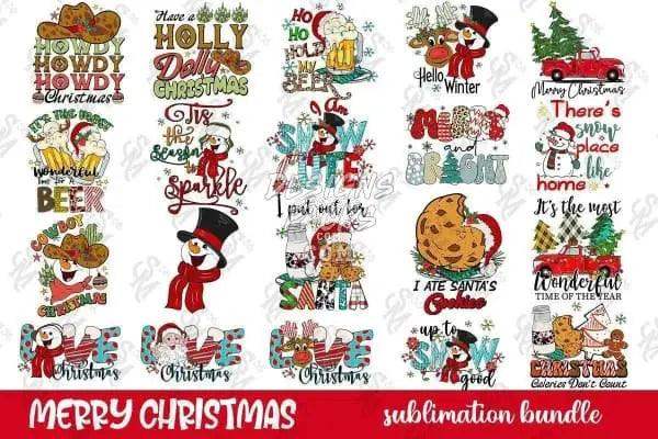 Festive Christmas sublimation bundle with holiday designs, snowmen, cookies, and holiday phrases for print-ready use.