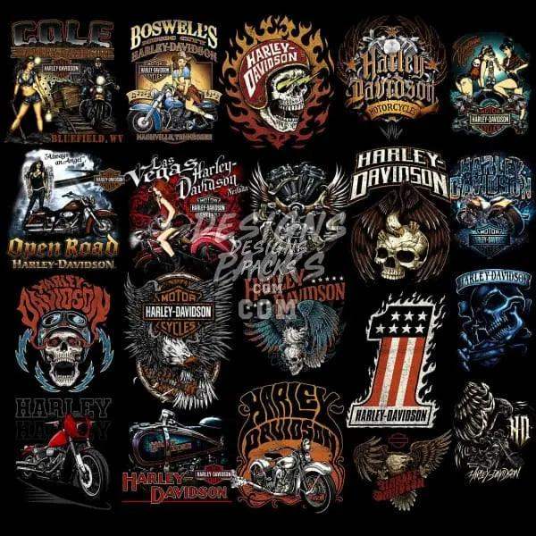 Harley-Davidson motorcycle designs bundle with skulls, flames, eagles, and vintage bikes for DTF, DTG, embroidery