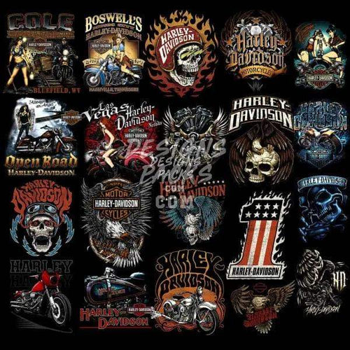 Harley-Davidson motorcycle designs bundle with skulls, flames, eagles, and vintage bikes for DTF, DTG, embroidery