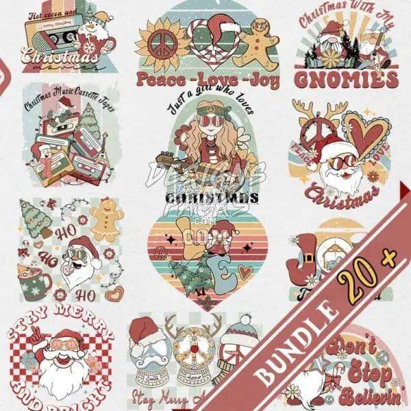 Christmas-themed DTF/DTG designs bundle with festive graphics, Santa, gnomes, and holiday quotes